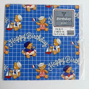New Vintage Birthday Gift Wrap Ambassador Teddy Bears Sailor Navy Hallmark Paper